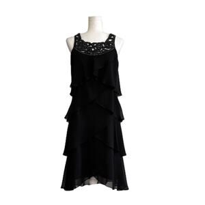SLNY Dress Black Chiffon Beaded Neck Sleeveless Tiered Ruffle Cocktail 10 NEW